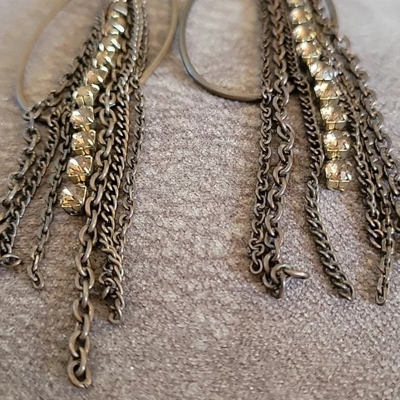 3/$30 Vtg Bronze Oval Rhinestone Chain Fringe Dangle Hook Festival Earrings - Picture 3 of 5